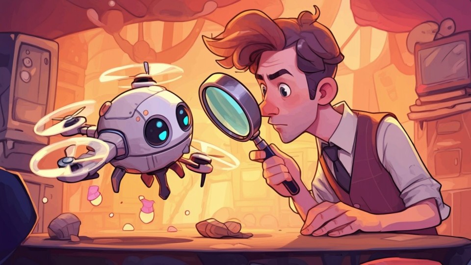 Cartoonfiguur met vergrootglas inspecteert drone