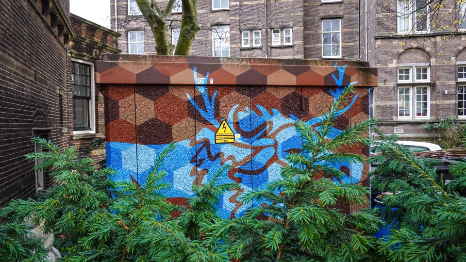 Een beschilderd transformatorhuisje in Den Haag.