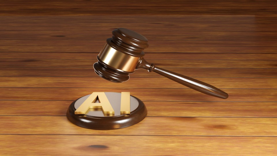 Een gerechtshamer boven de letters AI