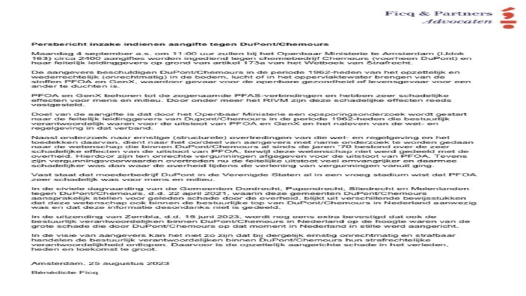 Aangifte tegen chemiebedrijf Chemours door advocatenbureau Ficq & Partners.