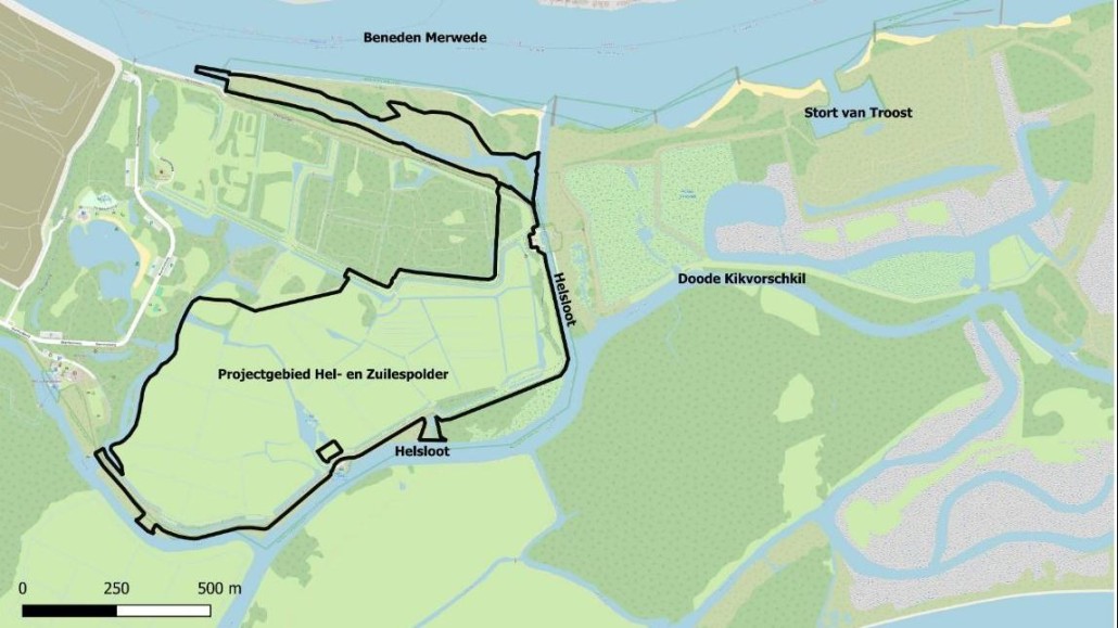 Zwart omlijnd de Hel- en Zuilespolder.