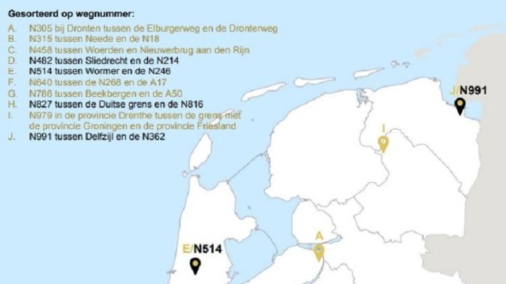 Kaart met toptien gevaarlijke deeltrajecten van N-wegen.