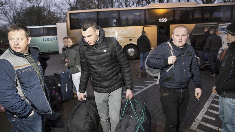 Groep arbeidsmigranten met tassen en rugzakken bij geparkeerde bussen in buitengebied.