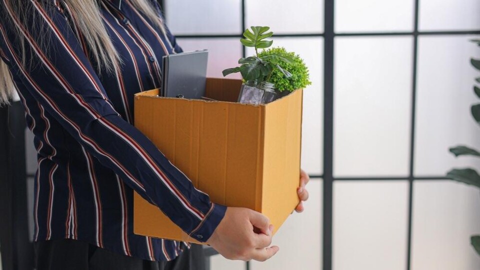 Persoon draagt kartonnen doos met laptop en plant, symbool voor ontslag