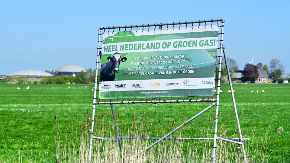 Een spandoek bij een Overijsselse melkveehouder die met netbeheerder Rendo groen gas produceert.