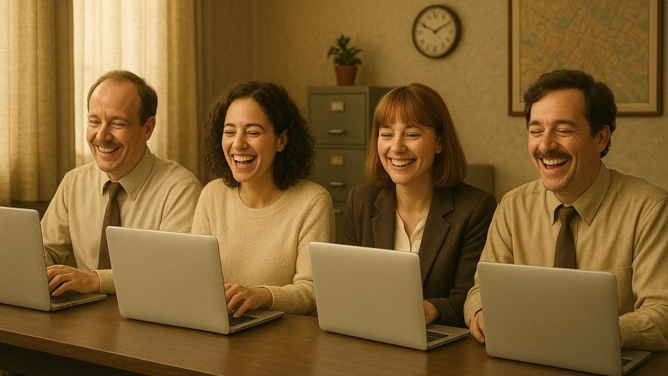 Blije ambtenaren achter hun laptops