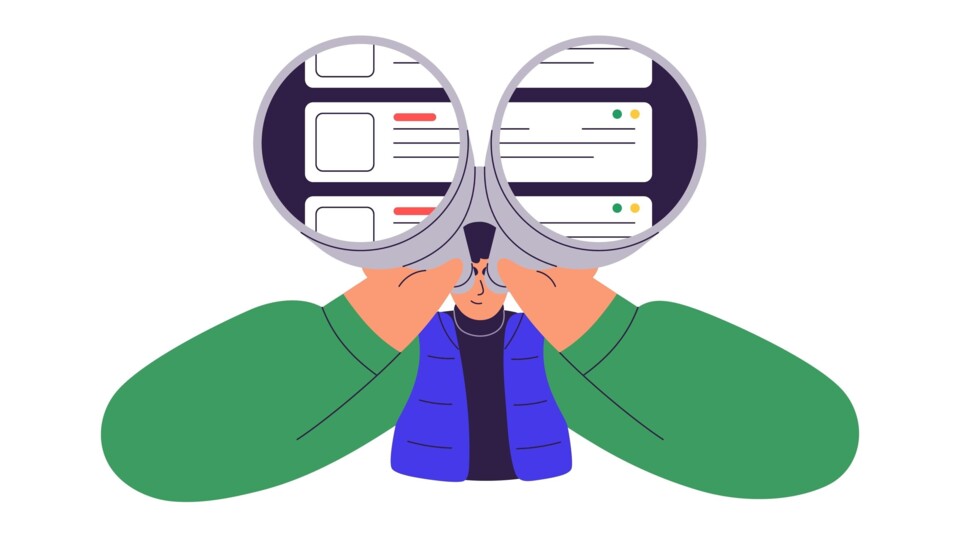 Illustratie van een persoon met verrekijker die kaarten met vacatures bekijkt.