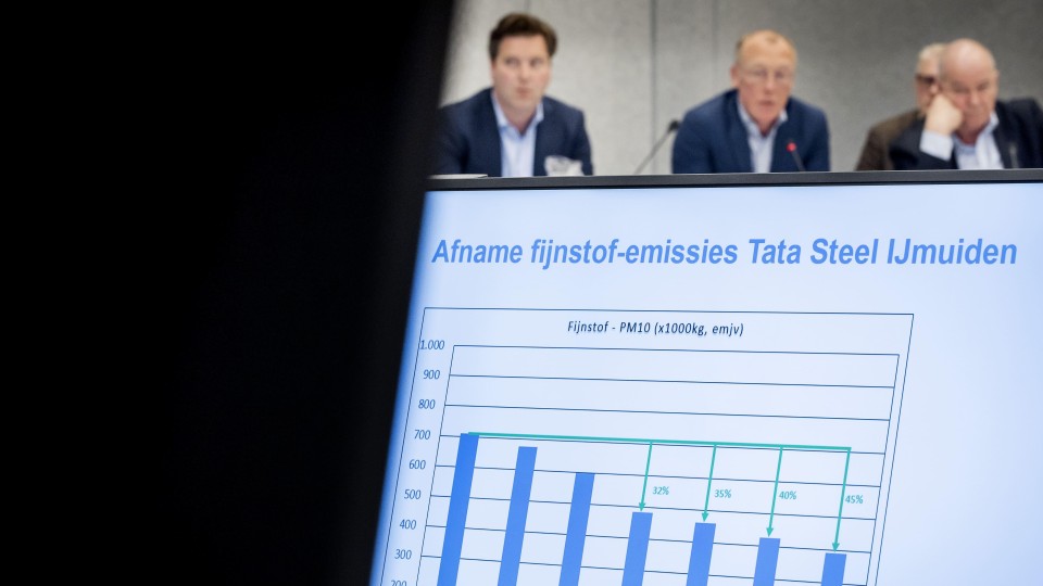 Bestuurder Marco Workel (m) van Tata Steel en topman Hans van den Berg (r) geven in de Tweede Kamer uitleg over de uitstoot door het…