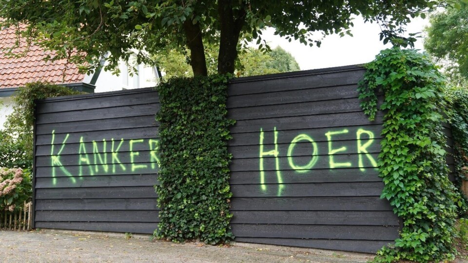 Zwarte houten schutting met groene graffiti en klimop in een woonwijk.