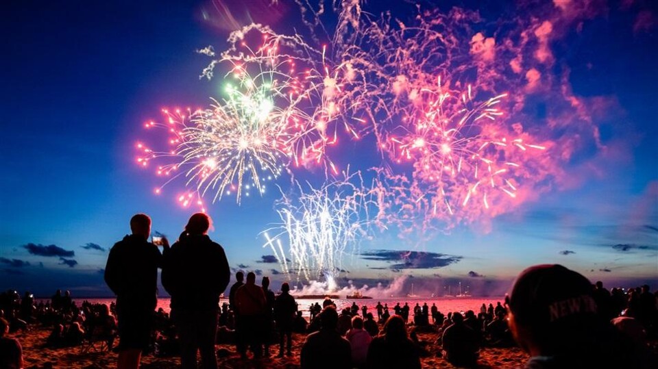 Vuurwerkexplosies in de lucht boven een strand met mensen die toekijken tijdens de avond.