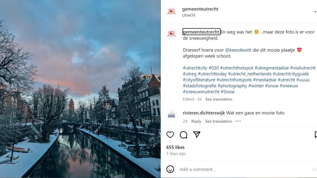 Sneeuwfoto op Instagram met onderschrift 'deze foto is er voor de sneeuwigheid'