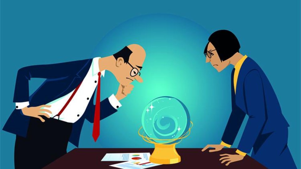 Animatie van twee kantoormedewerkers en een glazen bol