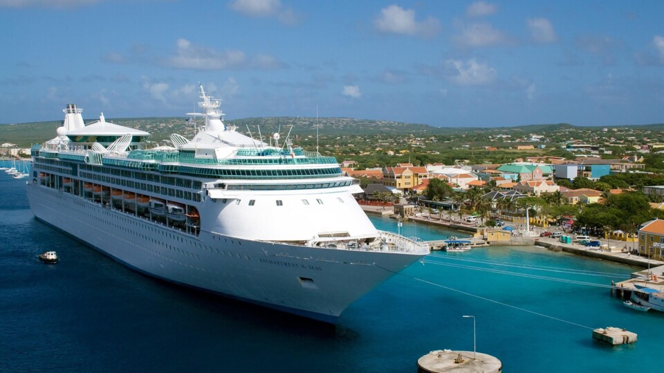 Groot wit cruiseschip aangemeerd in haven van Bonaire met blauwe zee en kustlijn op de achtergrond