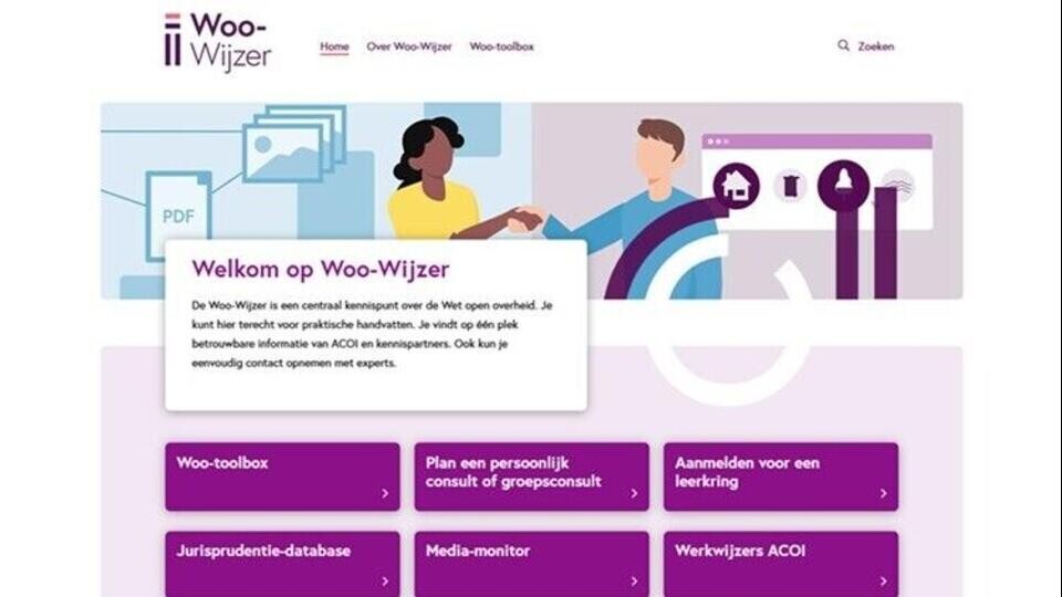 Screenshot van het Woo-Wijzer platform met toegang tot tools, consulten en kennisdeling voor Woo-professionals