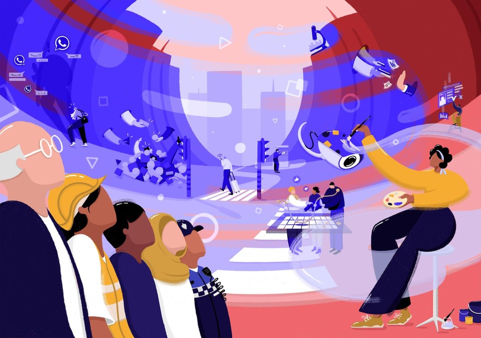 Animatie van mensen die omhoog kijken naar digitale ontwikkelingen