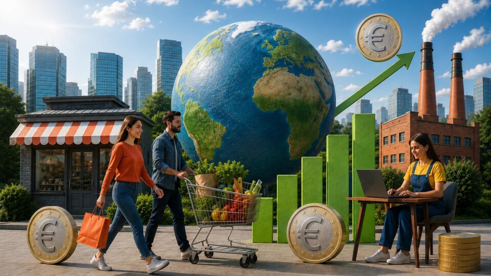 Mensen op straat, geld, boodschappen