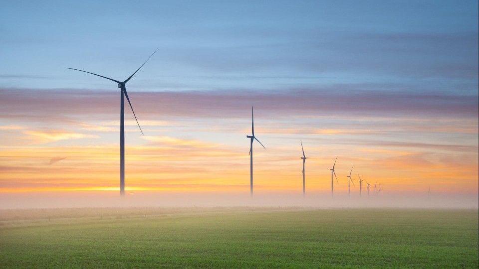 Windmolens in een weiland tegen een zonsopkomst