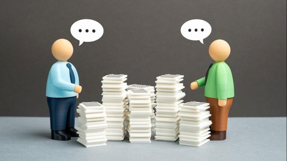Animatie van twee poppetjes die ruziën boven stapels papier