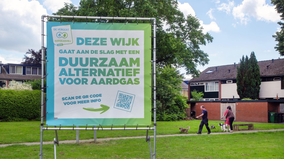 Een aankondiging voor een aardgasvrije wijk in Duiven, Gelderland, afgelopen juni.