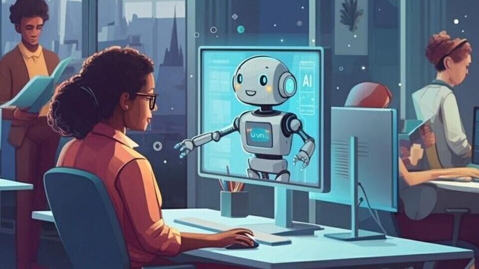 Vrouw zit aan bureau met computer, AI-robot verschijnt op scherm, collega's werken op achtergrond