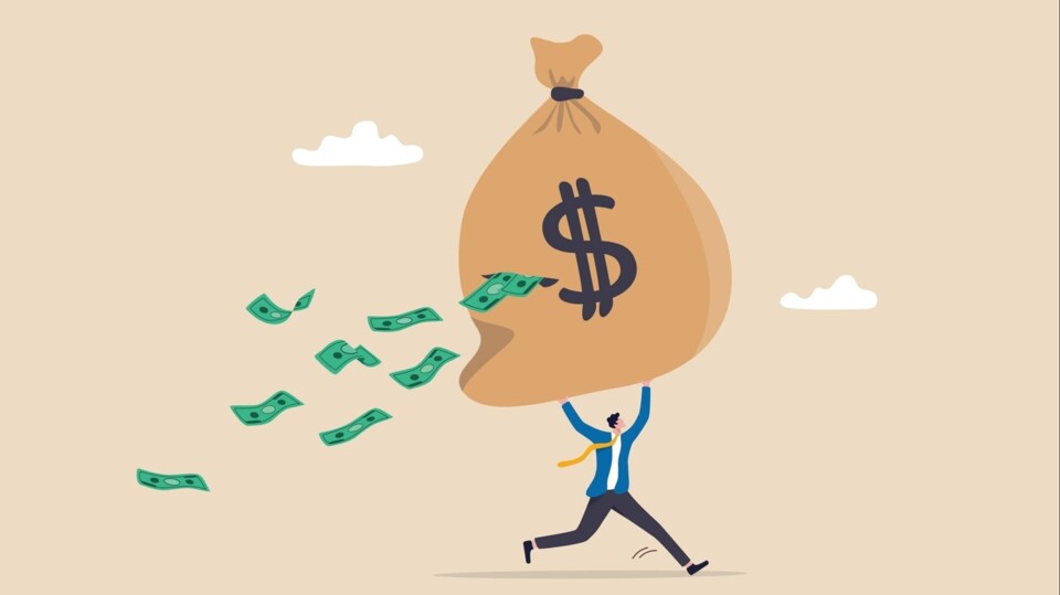 Illustratie van mannetje dat wegrent met een grote zak dollars