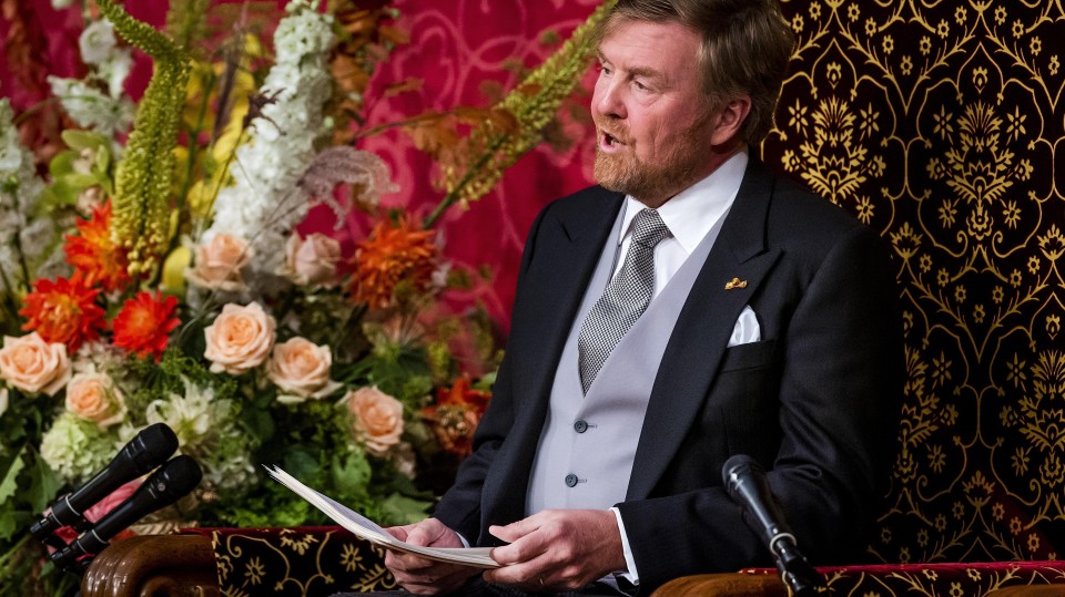 Willem-Alexander zit op een troon en spreekt de troonrede uit in 2022, naast hem staat een groot boeket.