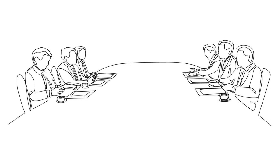 Tekening van onderhandelaars aan een tafel