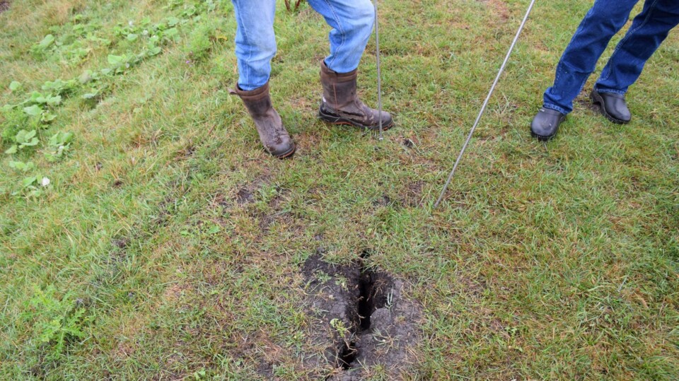 Scheur in dijk in de polder bij Wormer. Inspecteurs van hoogheemraadschap Hollands Noorderkwartier houden de scheuren in de gaten.