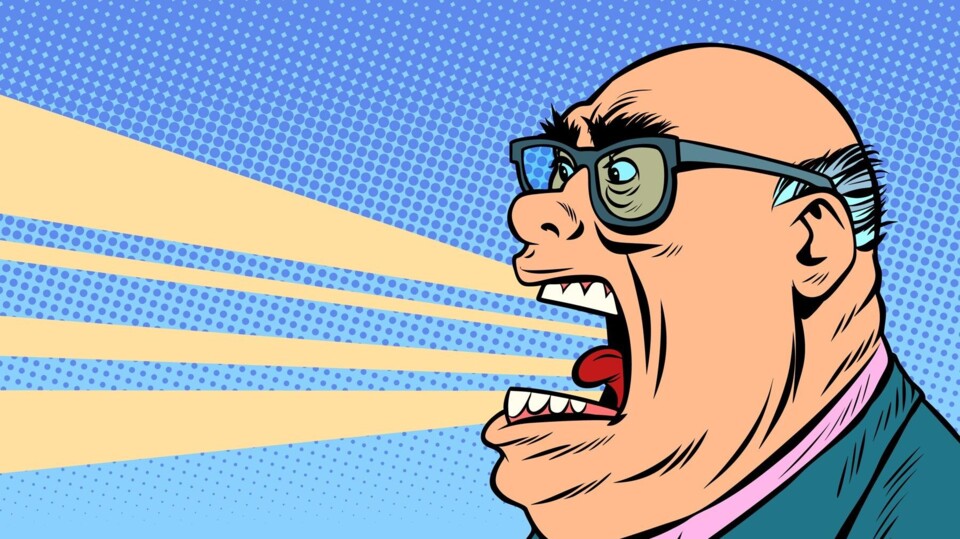 Popart tekening van een boze man met bril die schreeuwt met open mond en zichtbare tanden