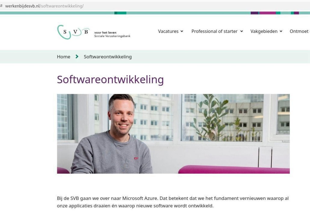 Screenshot van de aankondiging dat de SVB overgaat naar Azure