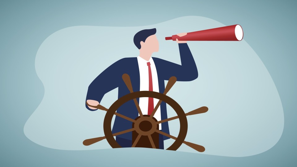 Animatie van mannetje dat aan het roer staat en door verrekijker kijkt